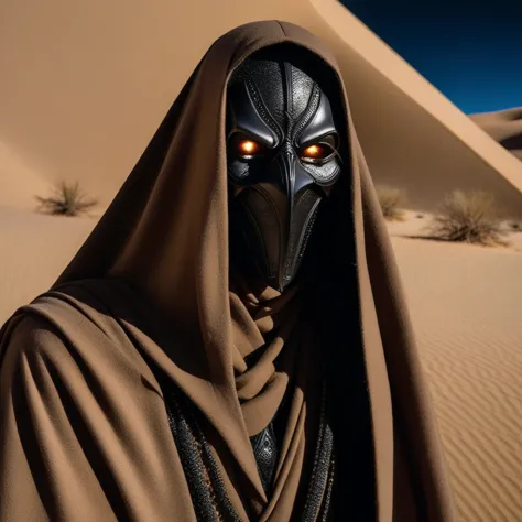 desert, full shot, dark stillsuit, stillsuit mask up, gloves, solo, highly detailed eyes,   hyper-detailed, high quality visuals...