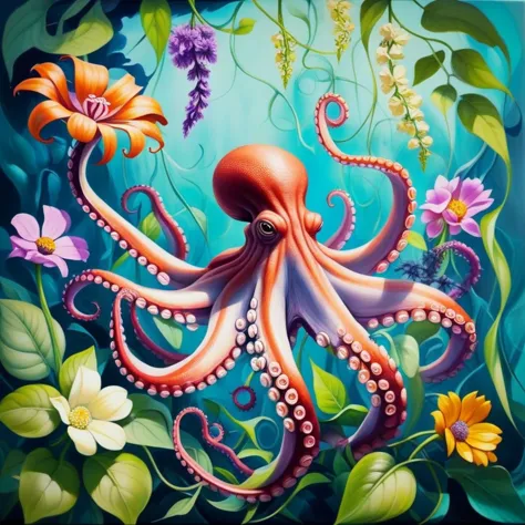 makino painting of a botanical octopus, vines and flowers, cinematic oil painting <lora:makinostyle:2>