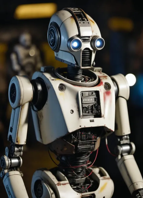 close up shot of a friendly droid robot holding onto some computer components, cinematic lighting, highly detailed, weathered pa...