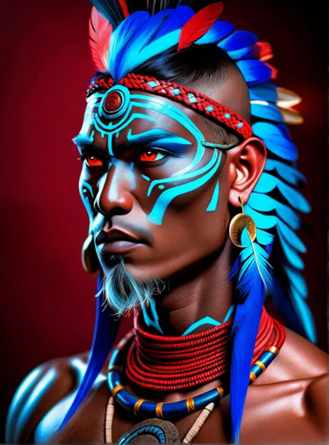 1man, portrait photo of a asia old warrior chief, tribal panther make up, blue on red, side profile, looking away, serious eyes,...