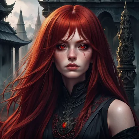photo of a realistic woman with long red hair, bangs, red eyes, absurd, abstract, anger, (gothic:1.33), inside an ancient temple...