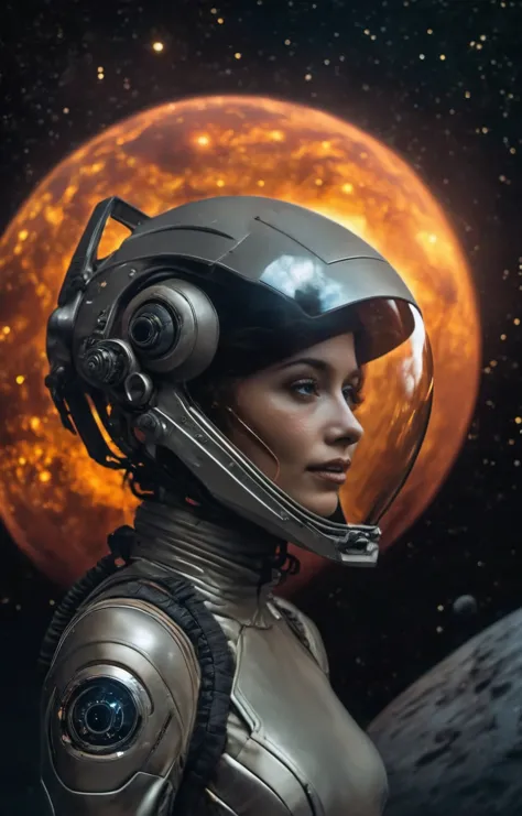 sci-fi aesthetics, a dark and moody realistic cinematic close-up shot of stunning Slovenian woman smiling cosmonaut wearing a spacesuit and glass dome helmet walking (with a spaceship in the background:1.4) on molten lava alien landscape, the surface is covered in molten lava, with active volcanoes spewing fiery eruptions and noxious gases, scorching hot, puffy clouds, at moonrise, detailed face, stunning beauty, detailed skin, skin texture, skin pores, (freckles:0.9), dim lit, foggy, muted colors, hazy, vintage, analog style, science fiction, star citizen cinematic lighting, film grain, imax