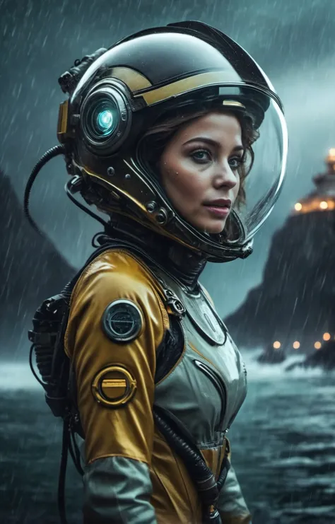 sci-fi aesthetics, a dark and moody realistic cinematic close-up shot of stunning Nicaraguan woman with a big smile cosmonaut we...