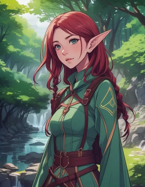 colored lineart, lineart, cel shading, anime style, best quality, masterpiece, detailed background, thick outlines, elf, forest, trees, elf woman with a long single braid, (pointy ears:1.9), red hair, (armor:1.5), rogue, leather armor