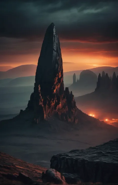 sci-fi aesthetics, a dark and moody realistic cinematic wide shot of alien landscape dominated by jagged, sharp obsidian-like rock formations that jut out from the ground at odd angles (with some weird alien structures in the background:1.4), an electrical storm, at sunset, dim lit, foggy, muted colors, hazy, vintage, analog style, science fiction, star citizen cinematic lighting, film grain, imax