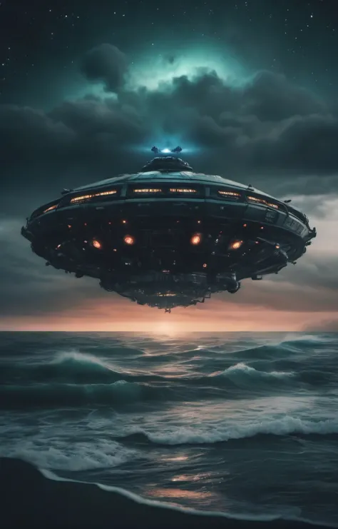 sci-fi aesthetics, a dark and moody realistic cinematic wide shot of ocean alien landscape where water covers the entire surface...