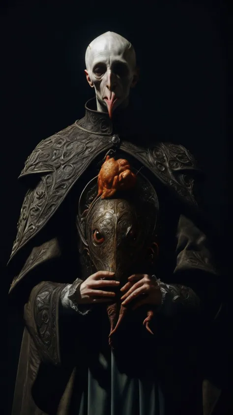 Ultra-realistic 8k CG, masterpiece, best quality, ermine wear inquisitor robe and bite off chicken head in a medieval Cathedral,...