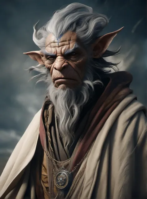 cinematic close up shot, powerful pose, intimidating look, a fantastical creature that blends the best of human, animal, and mythical traits, wearing a worn out robe, worn out old mage outfit, worn out scarfs flying in the air around the neck,