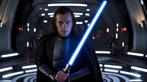 1 man, cinematic film shot of a Jedi Master standing on a path, holding a blue lightsaber, indoors, solo focus, volumetric lighting, detailed face, hyper-realistic, IMAX, ultra-high resolutions, best quality, masterpiece