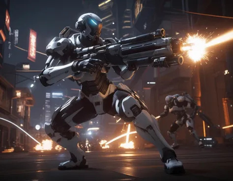 cinematic action shot of a cybernetic man, mechanical limbs, wearing overwatch here outfit, battle stance in the middle of a war...