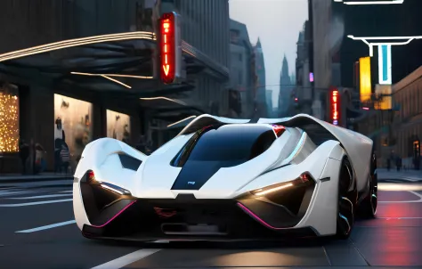 white science fiction technological advanced hypercar in downtown streets, front view science fiction, cyberpunk,  volumetric light, cyberpunk lighting, neon lighting, cyberpunk style, cyberpunk city, futuristic city, cinematic scenes, cinematic shots, cin...