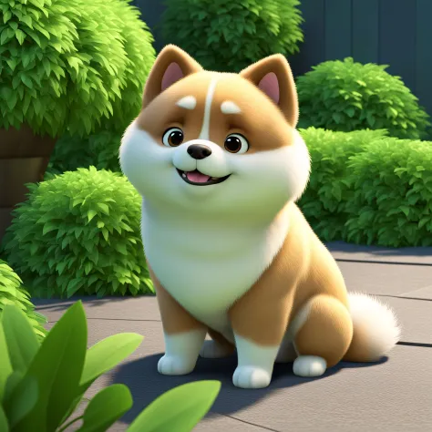 cute 3d cartoon shot of a cute and fluffy beige shiba inu in pixar style, lush greens background