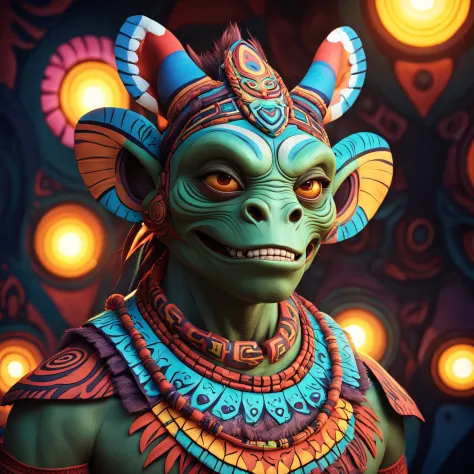 cinematic portrait of a crazy alien creature in cartoon style, tribal, facial paint  psychedelic kaleidoscope   cinematic lighting, imax, dslr