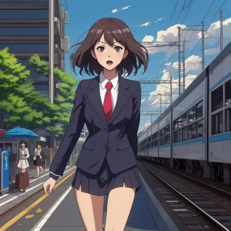 anime, beautiful girl wearing a business suit running to the train station in tokyo suburb, anime style, beautiful lineart