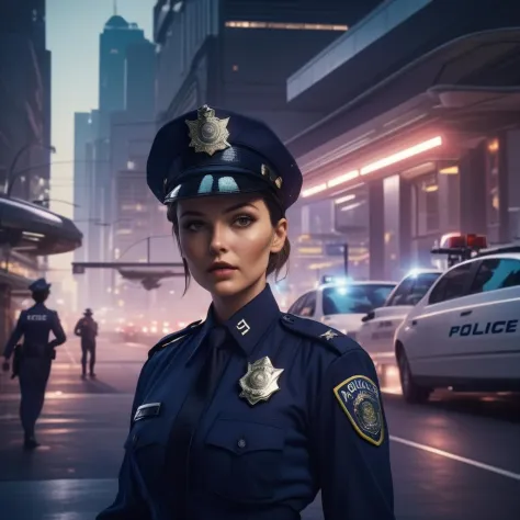 cinematic bust shot of a gorgeous elegant policewoman wearing a navy police uniform and a police hat, giving a ticket to a parked car at dawn in a solarpunk city, plants, bushes, flowers, sustainable, white elegant architecture, cinematic lighting, cyberpu...
