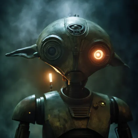 close-up of an old droid robot, old paint, star wars design, very detailed,  accents of glowing light, volumetric fog, volumetric lighting, imax, volumetric glow