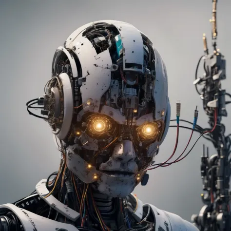 close-up shot of a robot head with broken circuits and damaged by power overload, sparks, intricate details, circuits, wires, cables, pipes, insanely detailed, extremely detailed, dim lighting, bloom glow