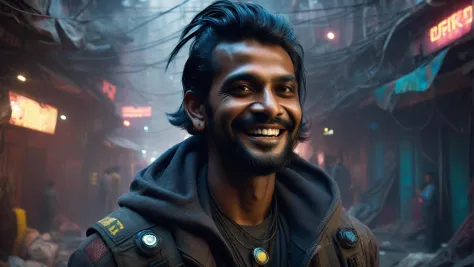 cinematic shot of an indian man, smiling, cyberpunk tattered apparel, science fiction slum background, volumetric fog, volumetric lighting,