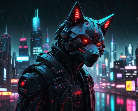 a close up photo of a solo mechenical robot wolf, glowing red eyes, mechenical parts showing on the wolf, cyberpunk city in background, neon lights, raining nightsky, , HD, ultra detailed, super realistic, best quality, fantastic quality, 