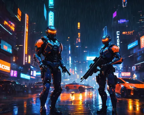 a cinematic scifi shot of a robot cop, holding a gun, glowing core inside the robot cop, orange and blue cords sticking out, futuristic cyberpunk city in background, nightime, raining, neon lights in background, HD, masterpiece, best quality, hyper detaile...