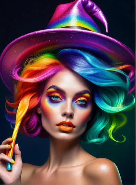 an extremely delicate and beautiful,masterpiece,best quality, ultra-detailed, illustration,Gorgeous and rich graphics,watercolor,realistic,floating,disheveled hair, liquid hair,solo,a girl,beautiful detailed girl,witch hat,holding_magic_cane ,colorful eyes...