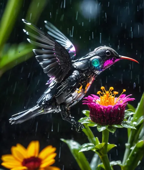 aopoa, a close up photo of a robotic hummingbird sitting on a beautiful flower, raining, reflective light, HD, masterpiece, best...