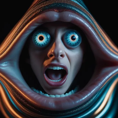photo portrait of a [person|woman|human] [prism|diamond|pyramid|swirl] eyes [solid|liquid] flowing [quantum|magical] [crazy|insane] mouth [fabric|hard surface], realistic multidimensional abstractions shot with a panavision arriflex imax lense, depth of fi...