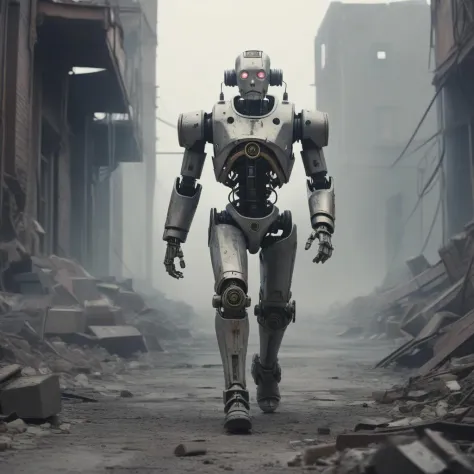 cinematic shot of a futuristic mechanical android marching through the rubbles of a post-apocalyptic dystopia
cinematic lighting...