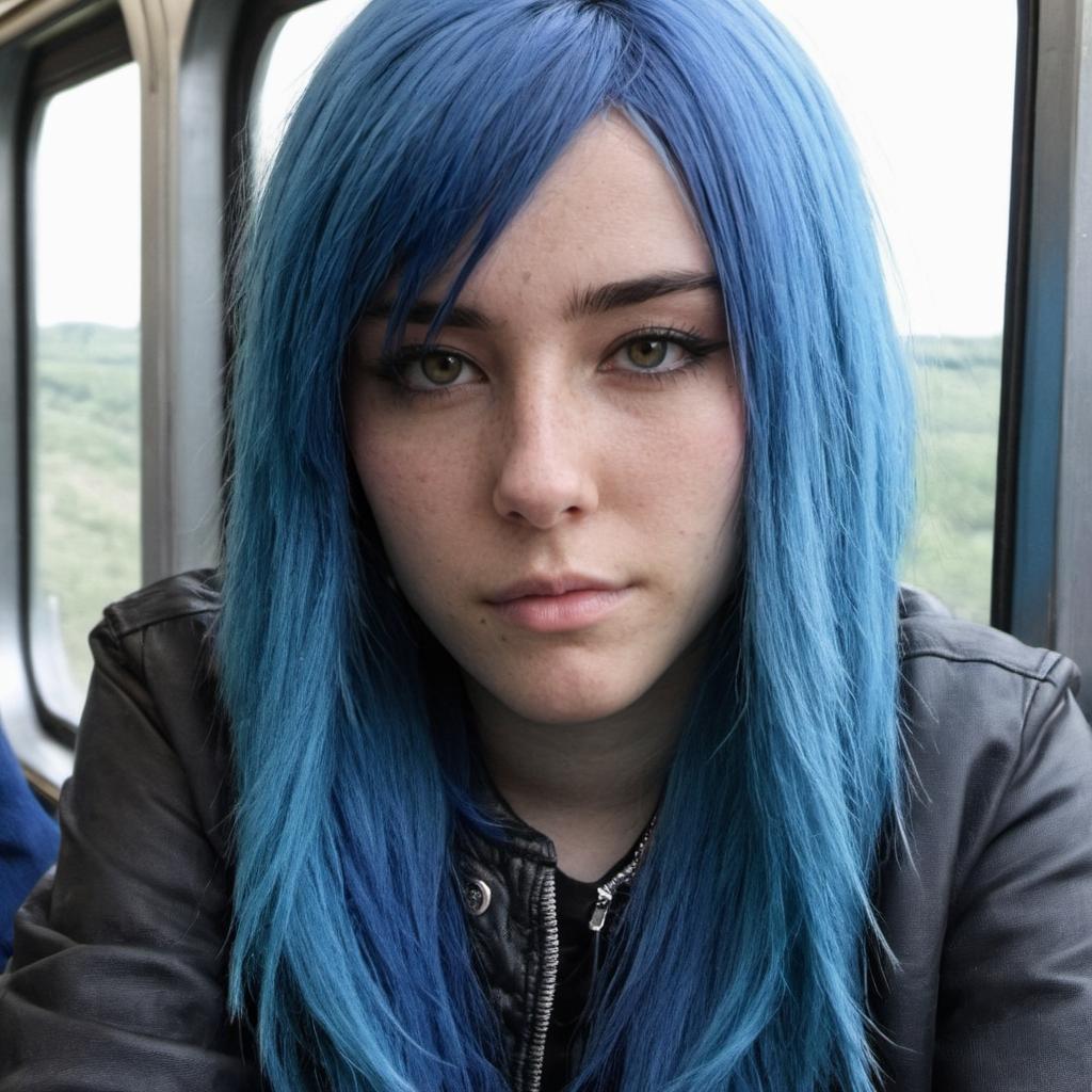 Arafed woman with blue hair sitting on a train looking at the camera -  SeaArt AI