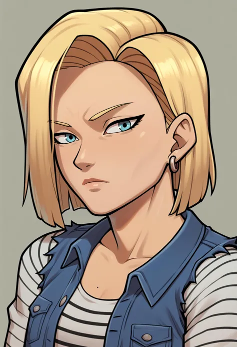 a cartoon of a blonde woman with blue eyes and a striped shirt