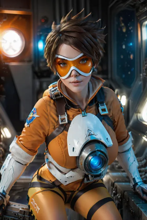 a woman in a futuristic outfit and goggles is posing for a photo