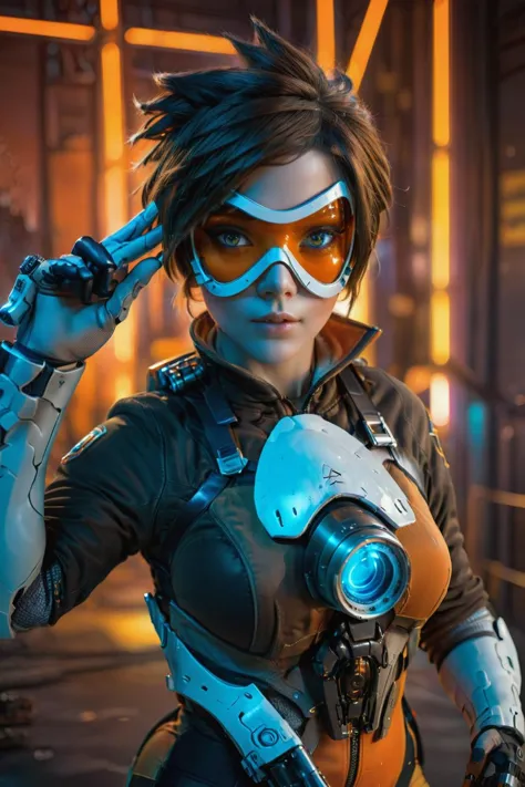 cinematic photo a woman with an orange glassmask holding guns in a futuristic cyberpunk background, neon lights <lora:Tracer1024:0.8>Tracer1024, (8k uhd, masterpiece, best quality, high quality, absurdres, ultra-detailed), 1girl, ((detailed hands)), easynegative, FastNegativeV2, ca21mv6-235, realistic eyes, ObsidianGold, perfecteyes, beautiful eyes, full body view