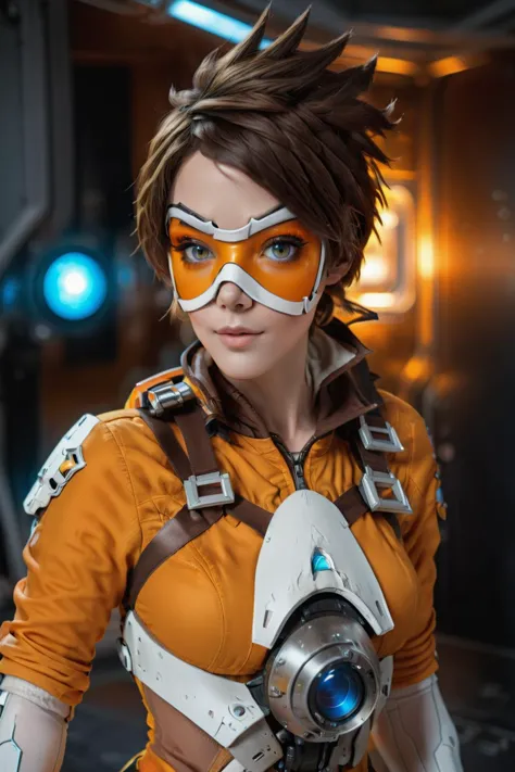 a woman in a yellow outfit with a white helmet and orange and white mask