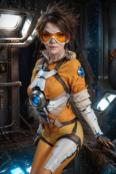 cinematic photo of <lora:Tracer1024:0.8>Tracer1024 with an orange glassmask posing on a space station, (8k uhd, masterpiece, best quality, high quality, absurdres, ultra-detailed), 1girl, ((detailed hands)), easynegative, FastNegativeV2, ca21mv6-235, realistic eyes, ObsidianGold, perfecteyes, beautiful eyes, full body view