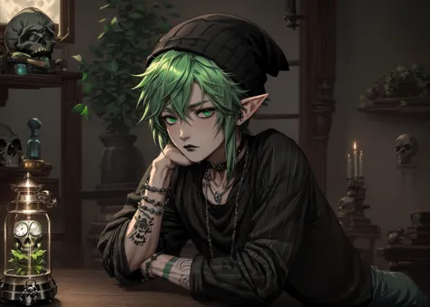 divineanimemix:1.5, (((1boy))), beautiful detailed face, beautiful detailed eyes,, medium hair, (two-tone hair), ((green hair)), (baggy torn shirt), (ripped jeans),  ((black striped beanie)), black converse, green eyes, tattoos, neck tattoo, spiked choker, spiked bracelets, , long elf ears,  [plants],  [potted plants],  ((potion bottles)),  [big window], ((full moon)), [indoors], ((goth)), ((clocks)), ((skulls)), ((dust)), ((lights)), (candles), (((night))),sleepy