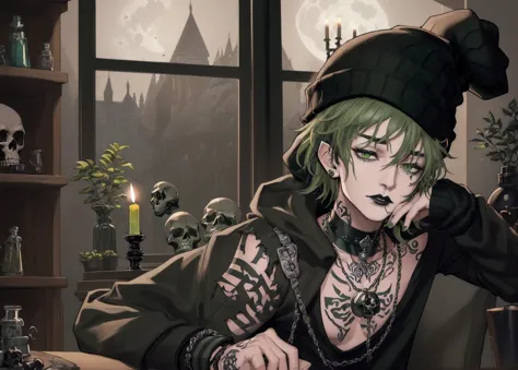 masterpiece, high quality, realistic, (((1boy))), beautiful detailed face, beautiful detailed eyes,((black lips)), medium hair, ((green hair)), (baggy torn shirt), (ripped jeans),  ((black striped beanie)), black converse, grey eyes, tattoos, neck tattoo, spiked choker, spiked bracelets, , long elf ears, [plants],  [potted plants], ((potion bottles)), [big window], ((full moon)), [Library], ((goth)), ((clocks)), ((skulls)), ((dust)), (candles), (((night))),  sleepy