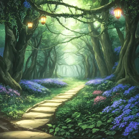 <lora:DreamARTSDXL:1>, (never ending trail:1.1), (infinity:1.2),  fantasy, detailed Forrest, trees, vines, flowers everywhere, s...