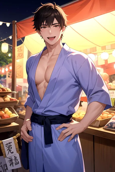 masterpiece, best quality, 1boy, solo, male focus, bishounen, hand on hip, pectoral cleavage, looking at viewer, smile, open mou...