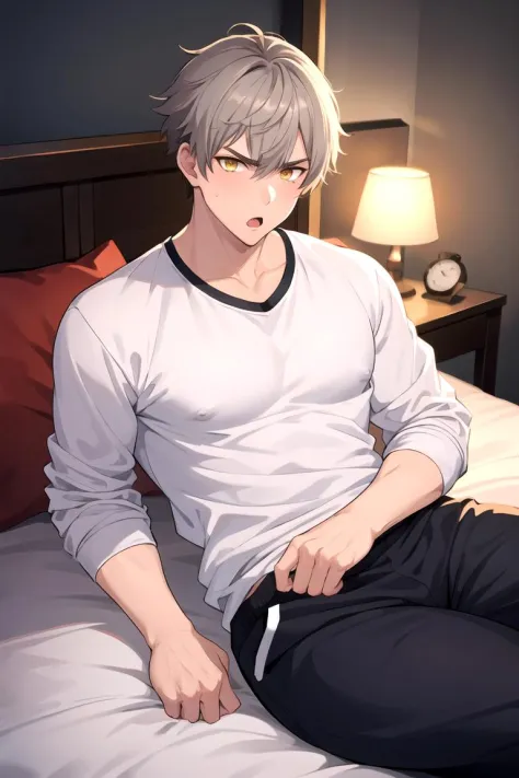 masterpiece, best quality, 1boy, solo, male focus, shirt, sweatpants, (covered nipples: 0.8), on bed, grey hair, yellow eyes, sh...