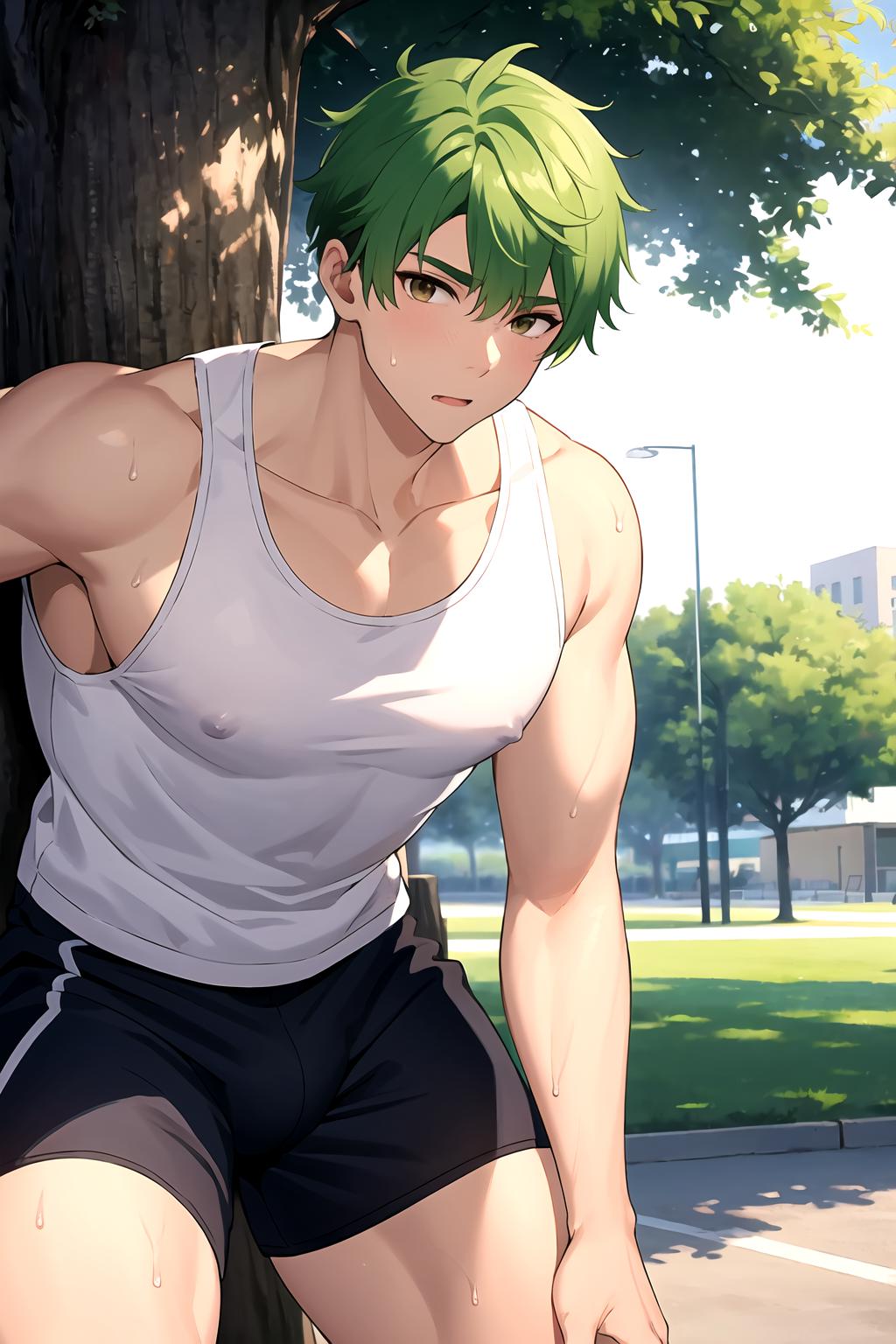 Anime guy with green hair and white tank top leaning against a tree -  SeaArt AI