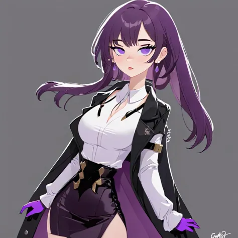 <lora:kafuka2:0.8>,1girl,solo,eyewear on head,breasts,purple hair,shirt,jewelry,earrings,purple eyes,white shirt,skirt,coat on shoulders,bangs,long sleeves,sidelocks,long hair,virtual youtuber,gloves,closed mouth,black skirt,jacket, <lora:ilacartoon-000017:0.65>