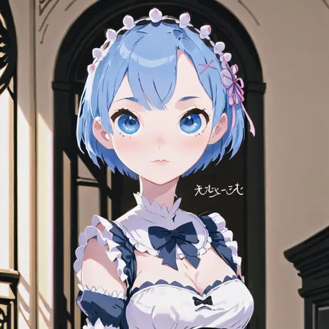 <lora:rem:1>,1girl,solo,rem_\(re:zero\),blue_eyes,hair_over_one_eye,short_hair,blue_hair,hair_ribbon,roswaal_mansion_maid_unifor...