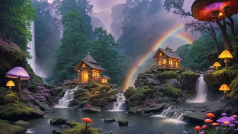 waterfall, flower, mushroom, lantern, rainbow gradient forest, hills, cabin,  <lora:[Cecily_cc] Magical_forest:1.00>