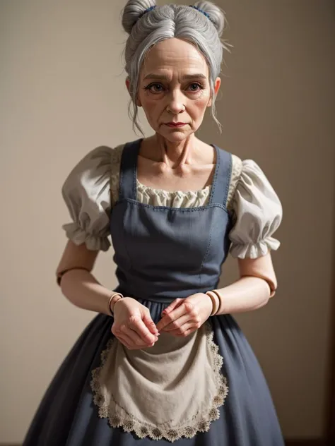 old woman, sleveless maid dress, <lora:doll_joints_v0.1:0.8> doll joints, character doll, gray hair in a bun, masterpiece, best ...