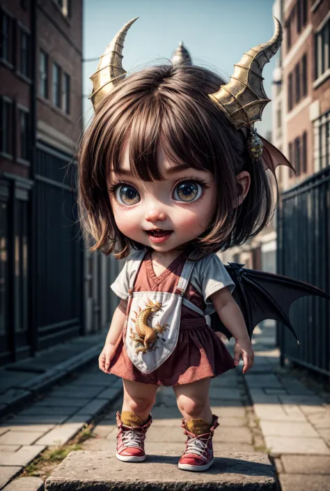 a close up of a doll with horns on a city street