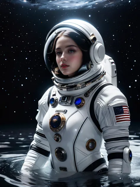 (full body:1.7)
a woman in a space suit floating in the water with a pink and blue background and stars in the sky, Chris LaBroo...