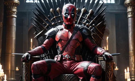 (full body:1.6)
a deadpool, red hoodie , sitting on a throne from Game of Thrones made of a thousand swords, legs crossed, Eddie...