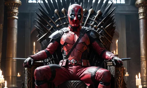 a close up of a deadpool sitting on a throne with swords