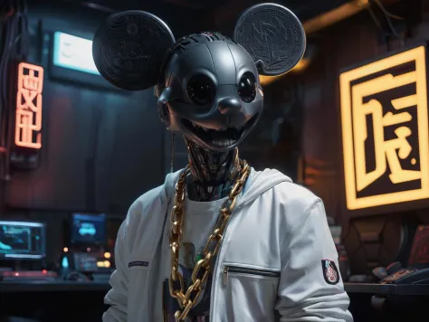 cyberpunk wear,cyberpunk head material, mickey mouse a figure toy, bitcoin amulet chain, wearing a sunglasses,cyberpunk room
(fu...