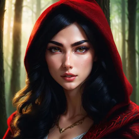 action-packed, beautiful red riding hood girl, enchantress, magical atmosphere of fairy tales, (full body portrait:1.6), (very s...